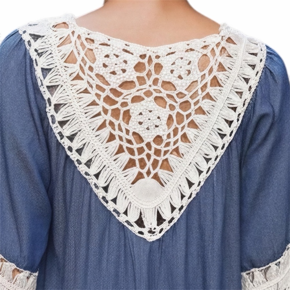 Mittoshop Fringe Crochet Lace V-Neck Women’s Blouse‎ - Picture 5 of 7